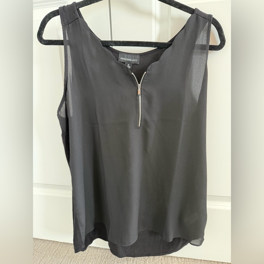Black Quarter Zip-Front Sleeveless Blouse